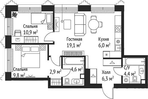 Планировка: Евротрёшка 64 м² в ЖК «СЕТ»