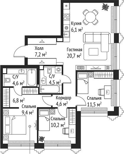 Планировка: Квартира евро-4 85,6 м² в ЖК «СЕТ»