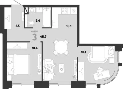 Планировка: Евротрёшка 48,7 м² в ЖК «Страна.Заречная»