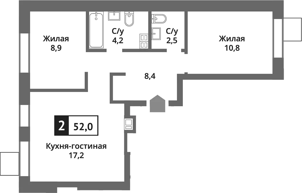 Планировка: Евротрёшка 52 м² в ЖК «Никольский квартал Отрада»