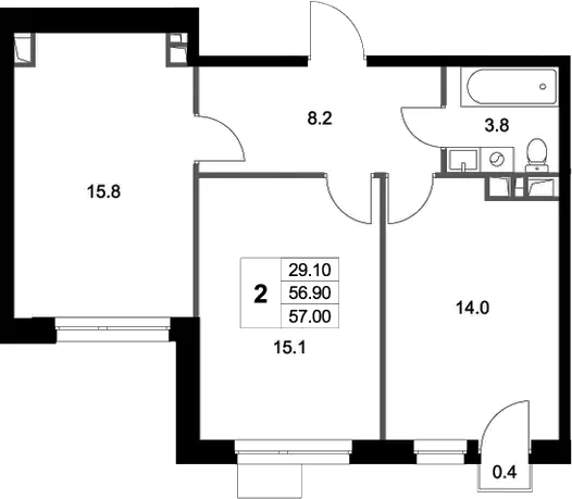 Планировка: 2-комнатная квартира 56,9 м² в ЖК «Легенда Марусино»