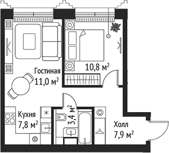 Планировка: Евродвушка 40,9 м² в ЖК «СЕТ»