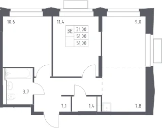 Планировка: Евротрёшка 51 м² в ЖК «Квартал Строгино»
