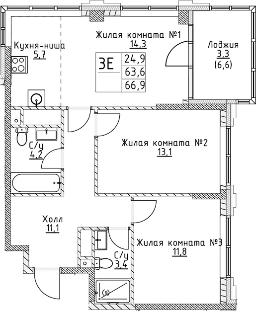 Планировка: Евротрёшка 63,6 м² в ЖК «ВЭРИ на Миклухо-Маклая»