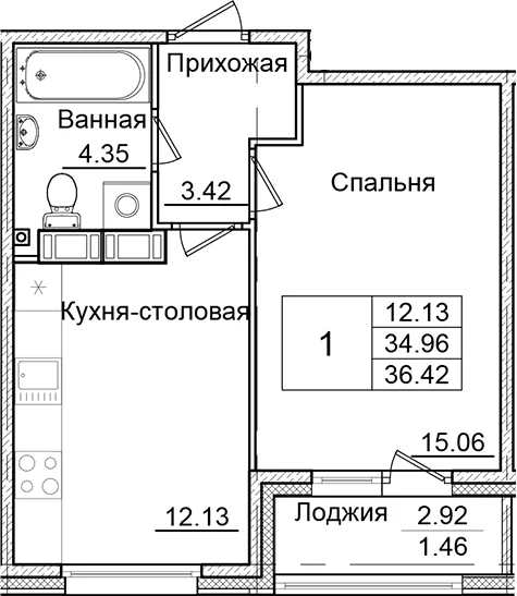Планировка: 1-комнатная квартира 35 м² в ЖК «Квартал Заречье»
