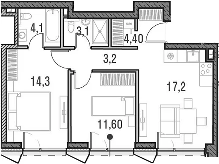 Планировка: Евротрёшка 57,9 м² в ЖК «Метрополия»