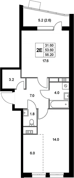 Планировка: Евродвушка 53,6 м² в ЖК «Легенда Коренево»
