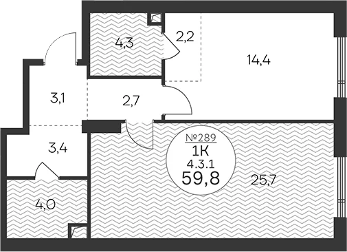 Планировка: 1-комнатная квартира 59,8 м² в ЖК «Клубный квартал КРЫЛАТСКАЯ 33»