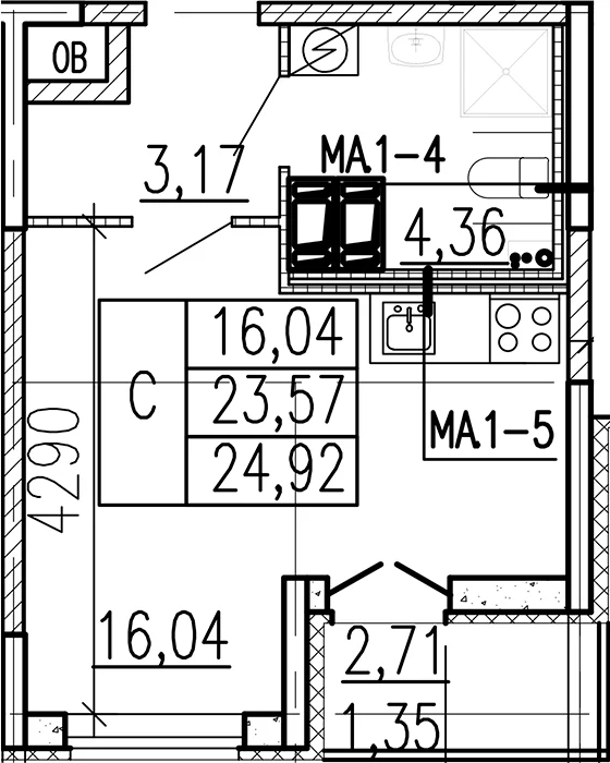 Планировка: Студия 23,6 м² в ЖК «Высота. Бугры»