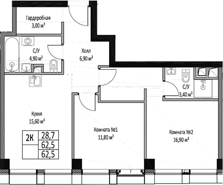 Планировка: 2-комнатная квартира 62,5 м² в ЖК «ЭМОУШН»