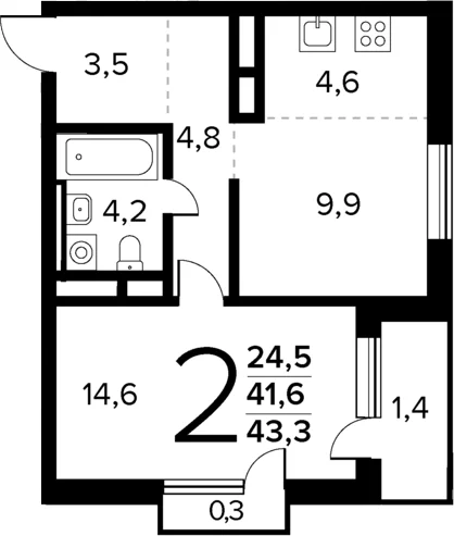 Планировка: Евродвушка 41,6 м² в ЖК «Новые Ватутинки Квартал у реки»