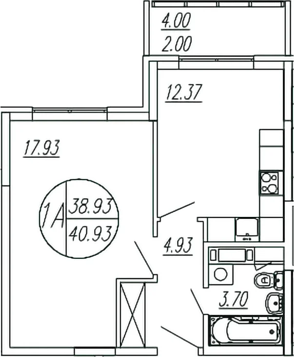 Планировка: 1-комнатная квартира 38,9 м² в ЖК «Шолохово»