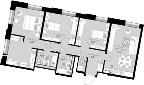 Планировка: 3-комнатная квартира 95,4 м² в ЖК «СберСити»