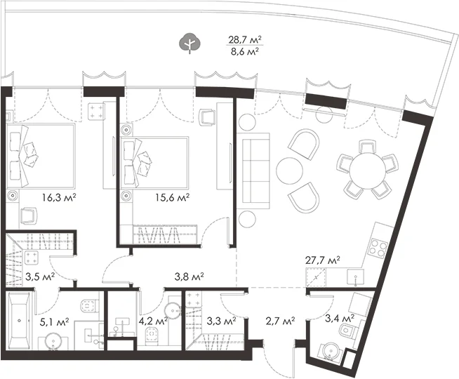 Планировка: Евротрёшка 85,6 м² в ЖК «КИНГ&САНС»
