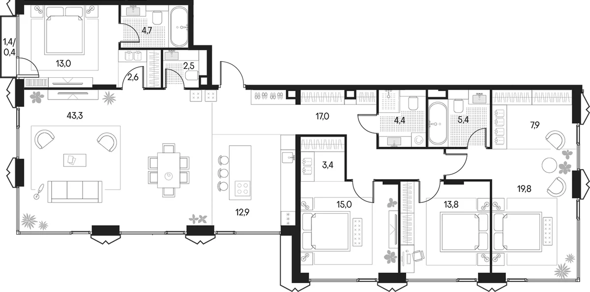 Планировка: Квартира евро-5 165,7 м² в ЖК «Клубный город на реке Примавера»