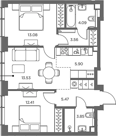 Планировка: Евротрёшка 61,9 м² в ЖК «TATE»
