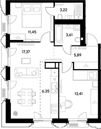 Планировка: Евротрёшка 61,3 м² в ЖК «ЭВО»