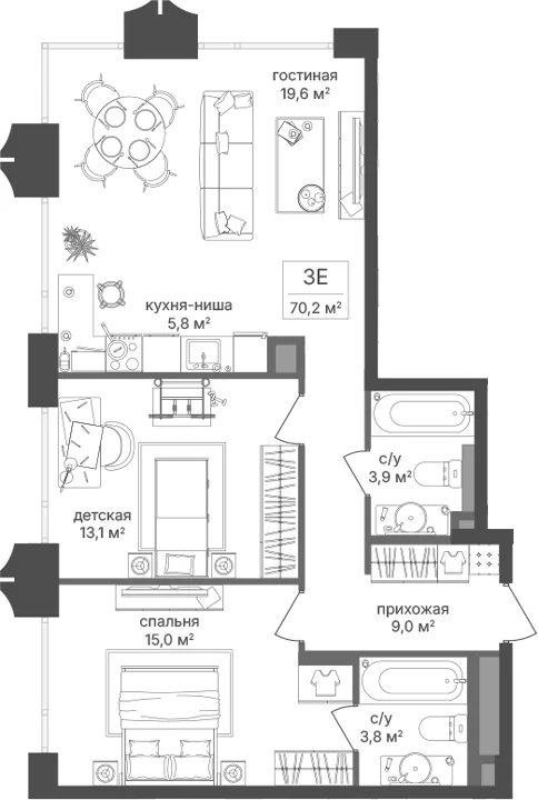 Планировка: Евротрёшка 70,2 м² в ЖК «Петровский Парк II»