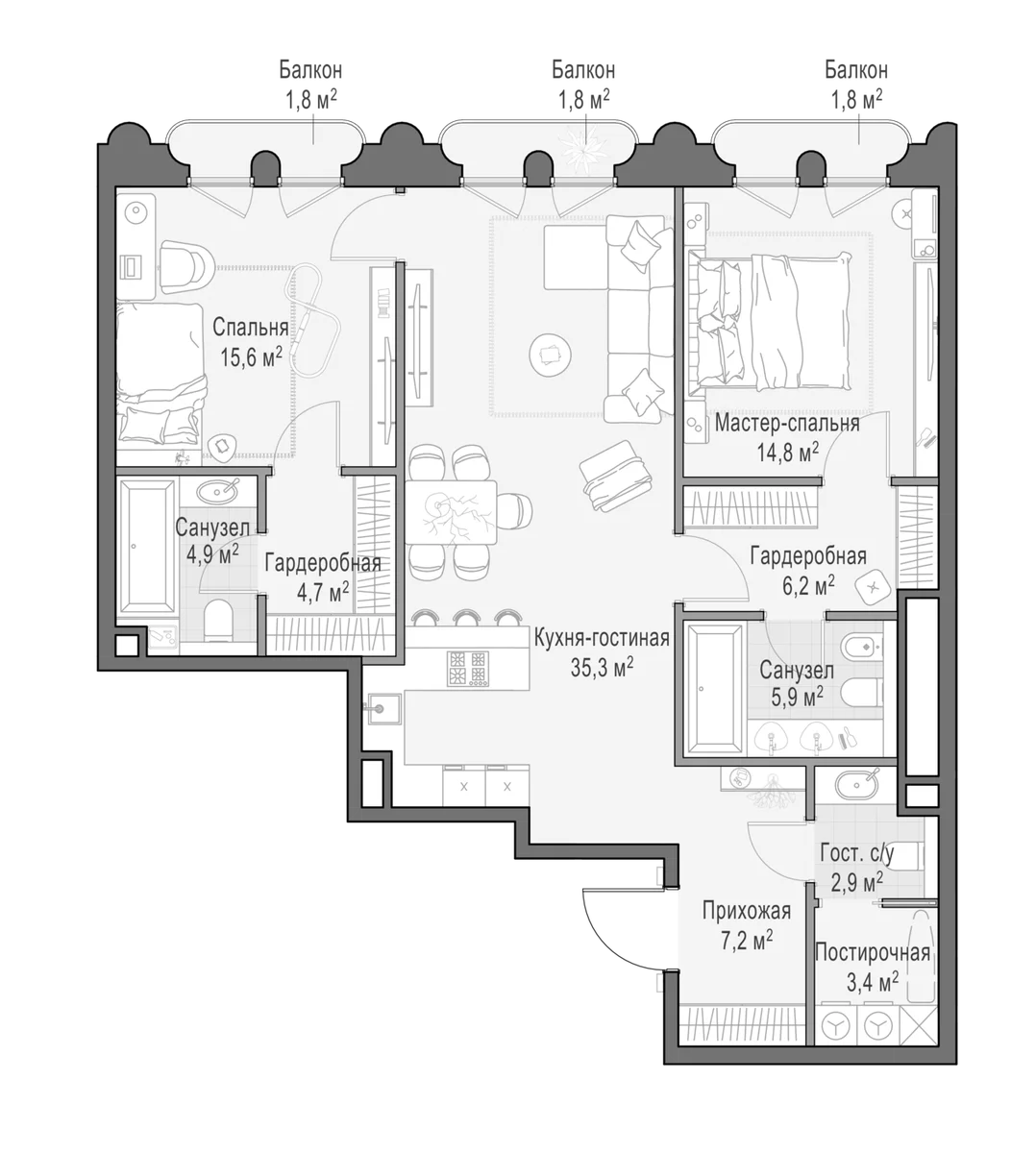 Планировка: Евротрёшка 103,4 м² в ЖК «Клубный квартал Фрунзенский»