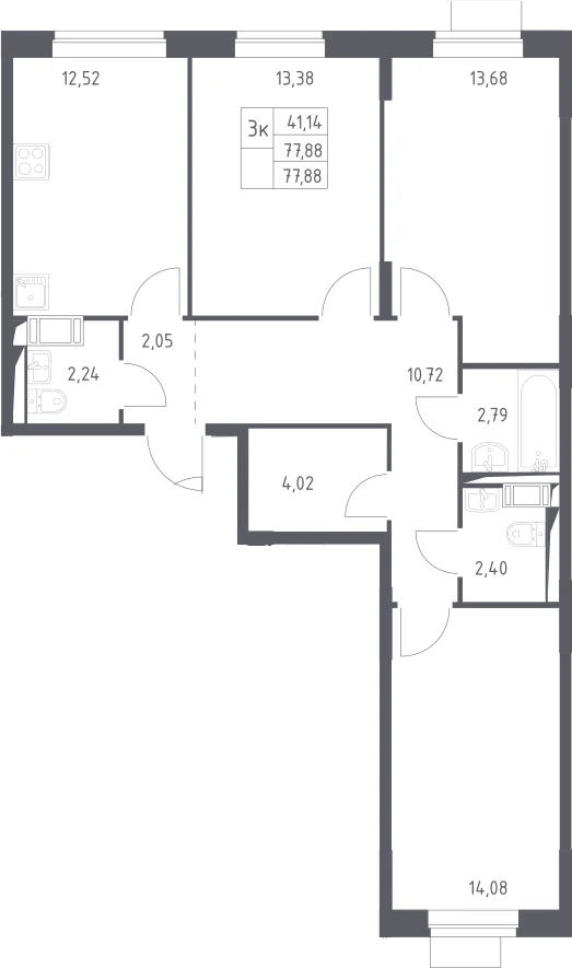 Планировка: 3-комнатная квартира 77,9 м² в ЖК «Пятницкие Луга»