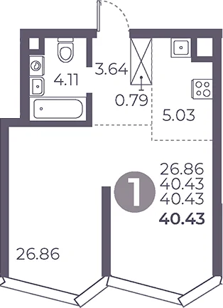 Планировка: Студия 40,4 м² в ЖК «Мневники от Гранель»