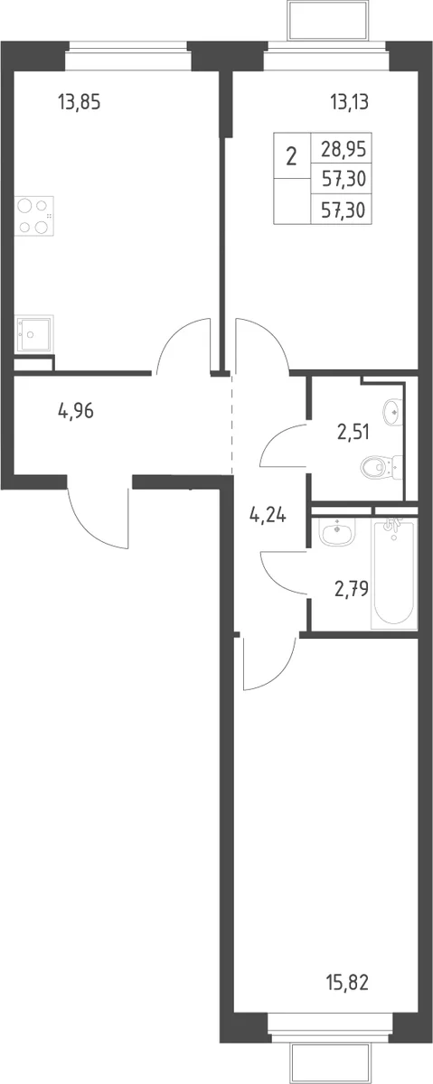 Планировка: 2-комнатная квартира 57,3 м² в ЖК «Новое Видное»