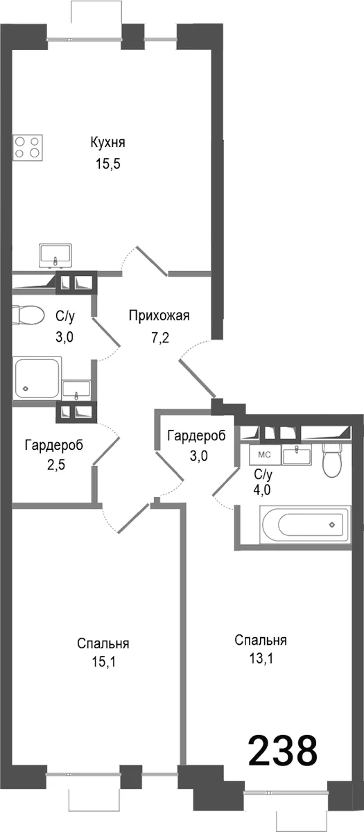 Планировка: Евротрёшка 63,4 м² в ЖК «Киноквартал»