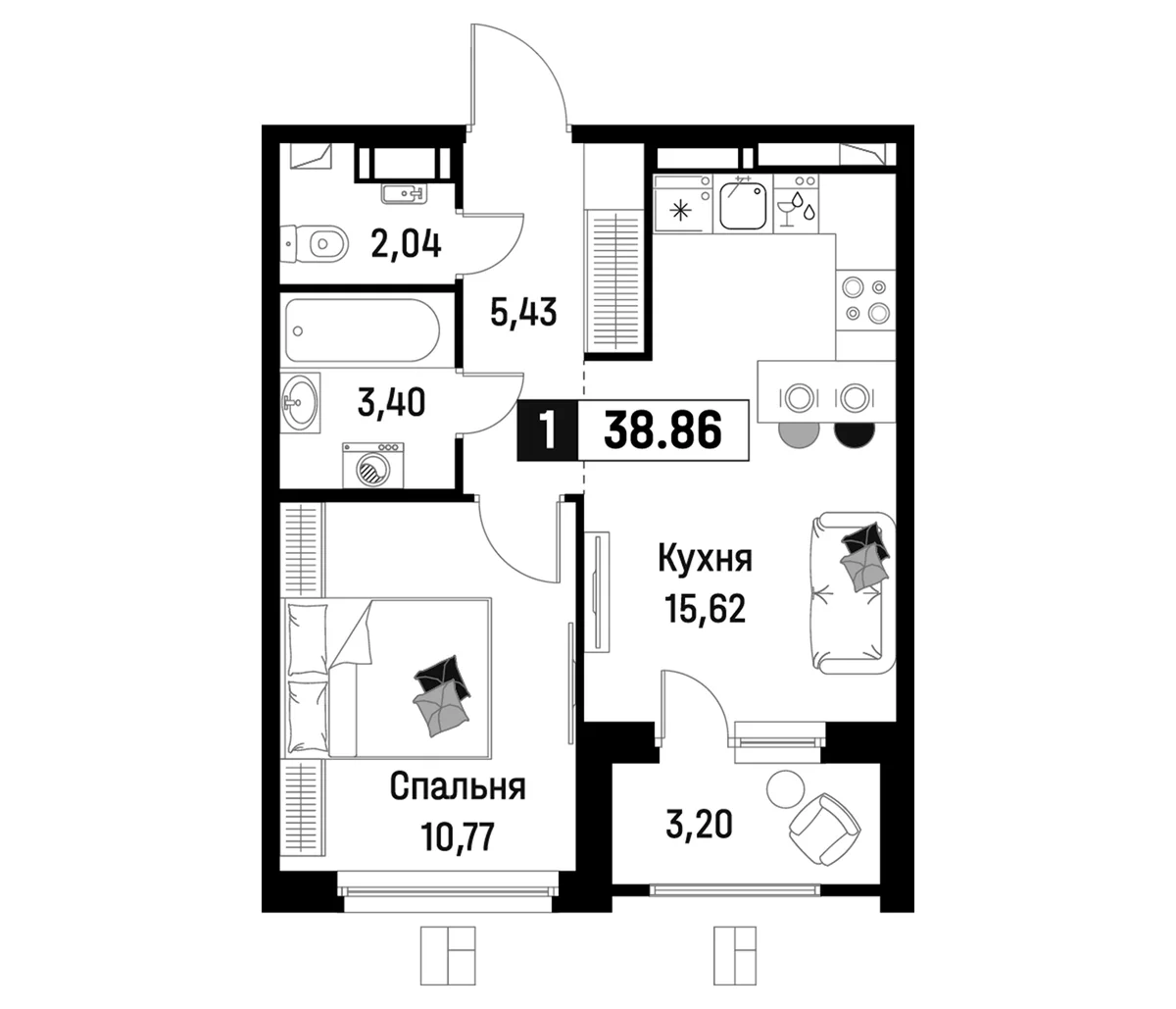 Планировка: Евродвушка 37,3 м² в ЖК «Максималист»
