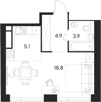 Планировка: Студия 32,7 м² в ЖК «Инди Тауэрз от Аквилон»