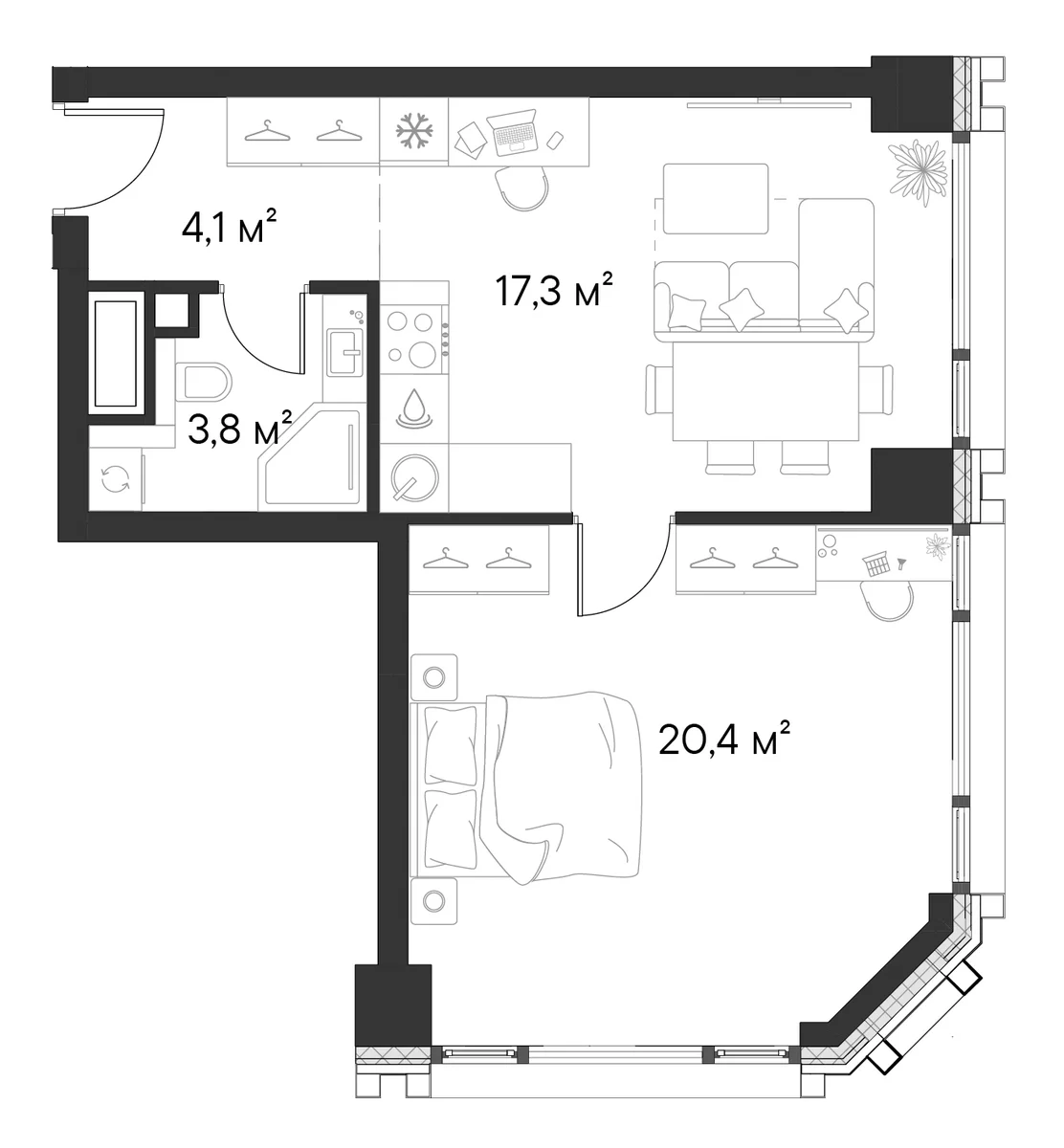 Планировка: 1-комнатная квартира 45,6 м² в ЖК «Первый Нагатинский»