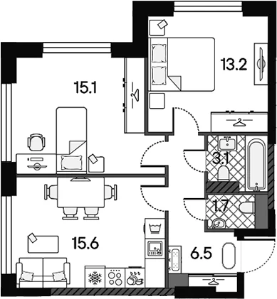 Планировка: Евротрёшка 55,2 м² в ЖК «МАРК»