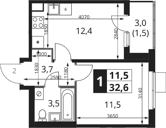 Планировка: 1-комнатная квартира 31,1 м² в ЖК «1-й Ясеневский»