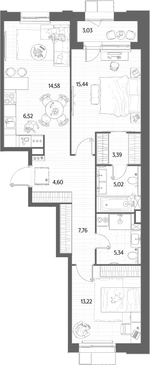 Планировка: Евротрёшка 75,9 м² в ЖК «МЫС»