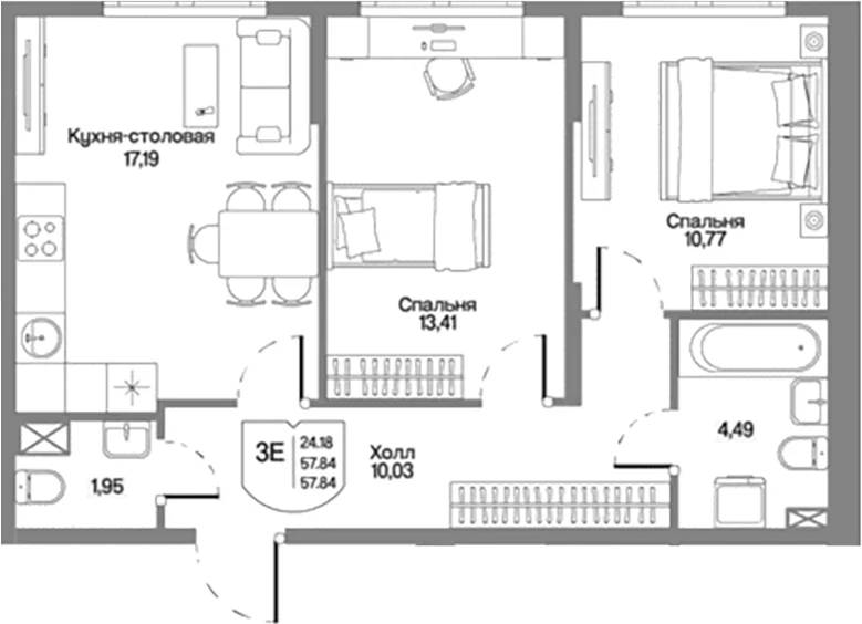 Планировка: Евротрёшка 57,8 м² в ЖК «Охтинские высоты»