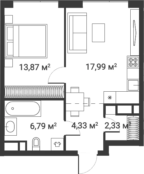 Планировка: 1-комнатная квартира 45,3 м² в ЖК «Первый Нагатинский»