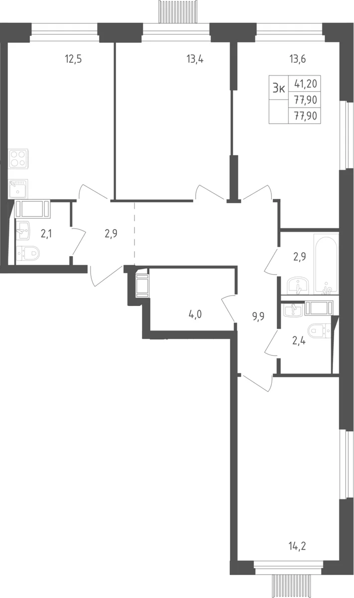 Планировка: 3-комнатная квартира 76,9 м² в ЖК «Мытищи Парк»