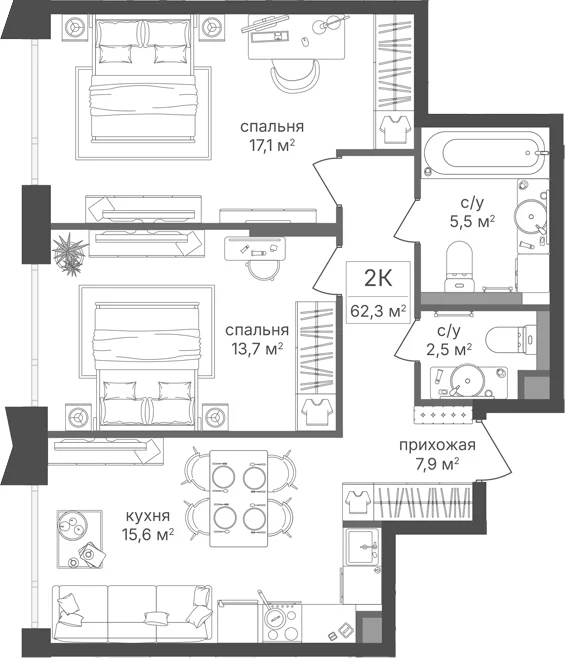 Планировка: 2-комнатная квартира 62,3 м² в ЖК «Петровский Парк II»