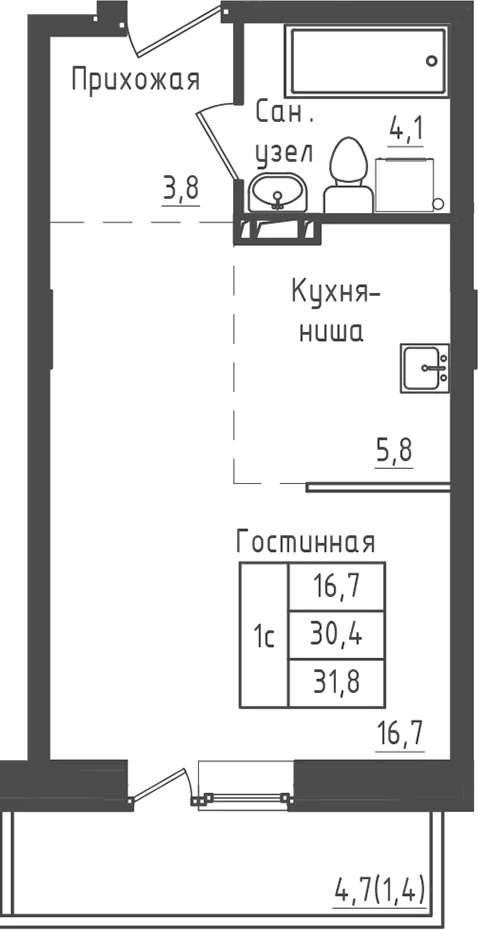 Планировка: Студия 30,4 м² в ЖК «Зеленый город»