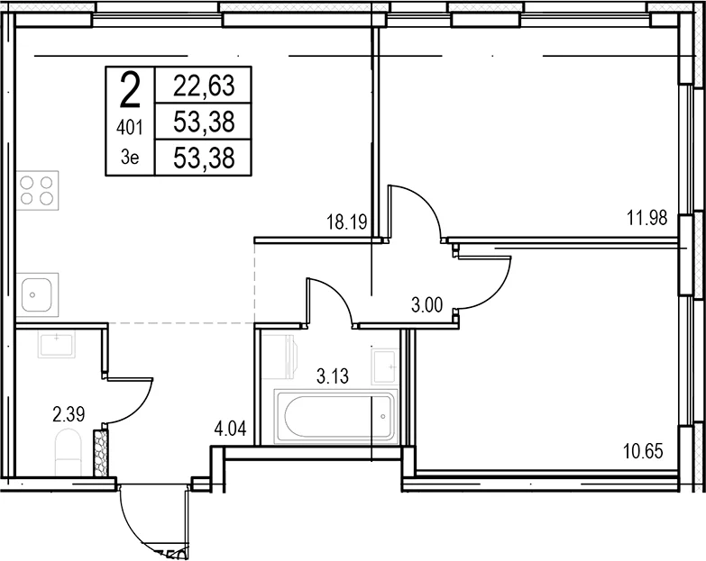 Планировка: Евротрёшка 53,4 м² в ЖК «ID Murino III»
