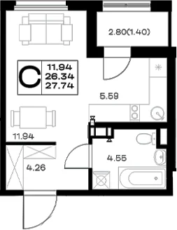 Планировка: Студия 26,3 м² в ЖК «Борский»