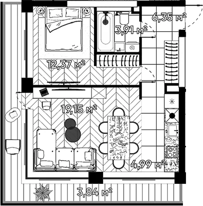 Планировка: Евродвушка 46,8 м² в ЖК «Квартал Серебряный бор»