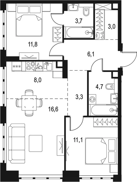 Планировка: Евротрёшка 68,3 м² в ЖК «Левел Южнопортовая»