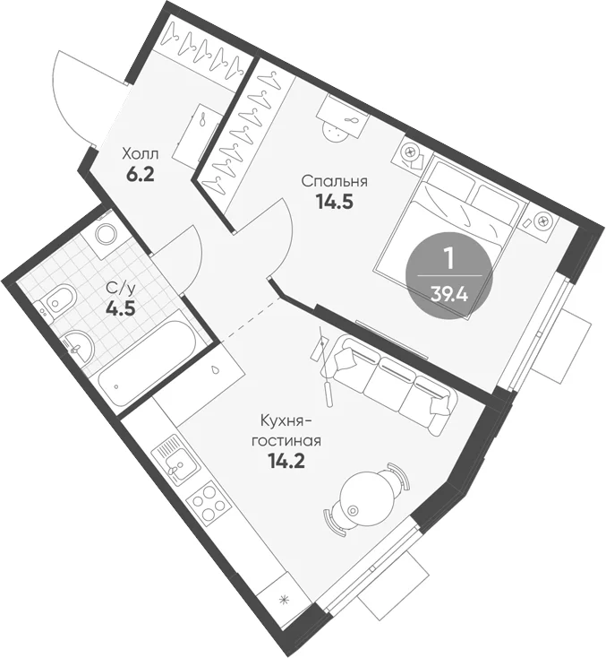 Планировка: 1-комнатная квартира 39,4 м² в ЖК «Ягодное Река Парк»