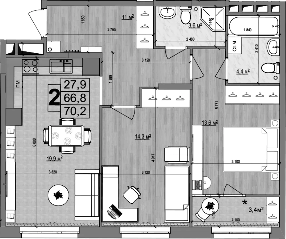 Планировка: Евротрёшка 66,8 м² в ЖК «Гранд Комфорт 2»