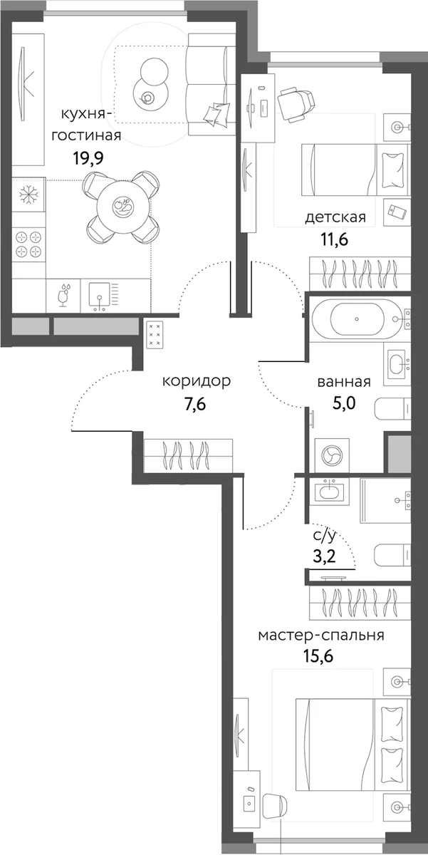 Планировка: Евротрёшка 62,9 м² в ЖК «Сиреневый парк»