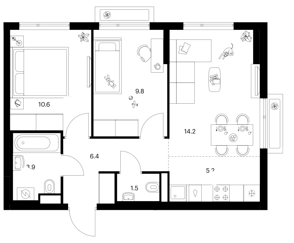Планировка: Евротрёшка 51,6 м² в ЖК «Белая Дача парк»