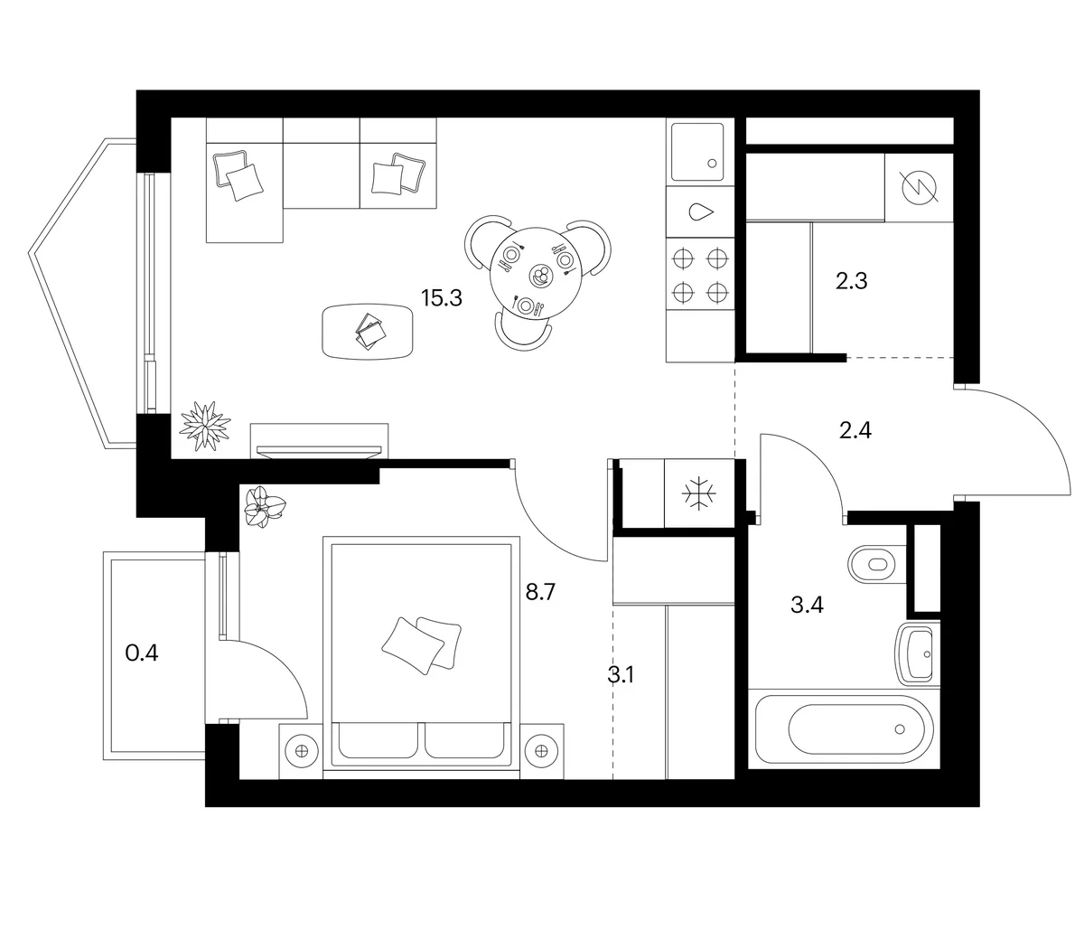 Планировка: 1-комнатная квартира 35,2 м² в ЖК «Мичуринский парк»
