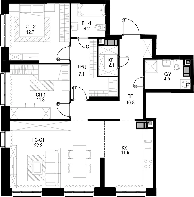 Планировка: 3-комнатная квартира 87 м² в ЖК Трилогия «Кристалл»