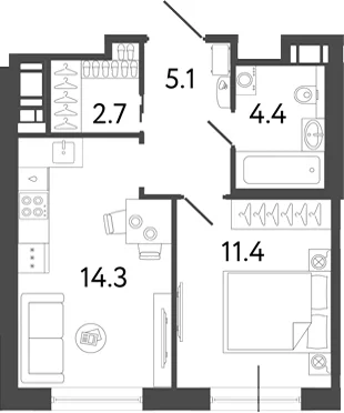 Планировка: 1-комнатная квартира 37,9 м² в ЖК «Передвижники 2»