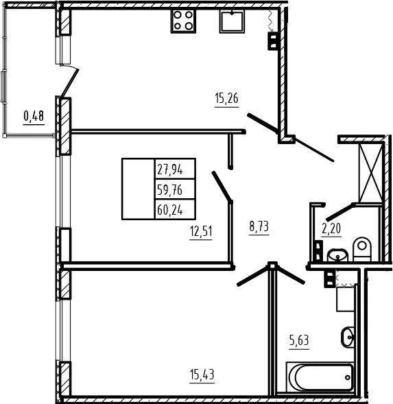 Планировка: Евротрёшка 59,8 м² в ЖК «Новая история»